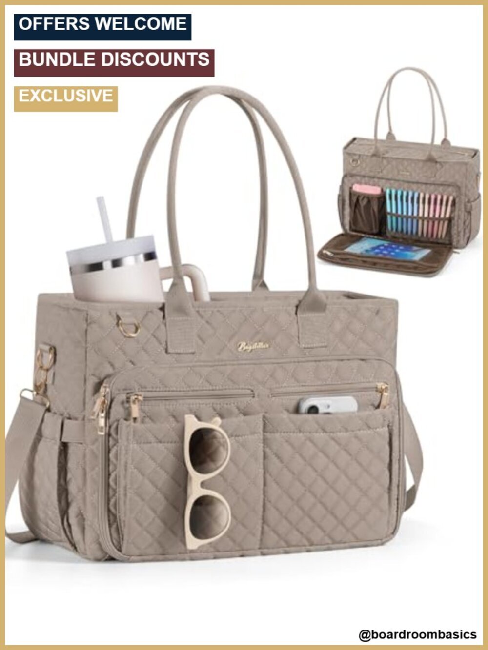 15.6" Laptop Tote Bag Quilted Polyester Work Tote with 40oz Cup Holder